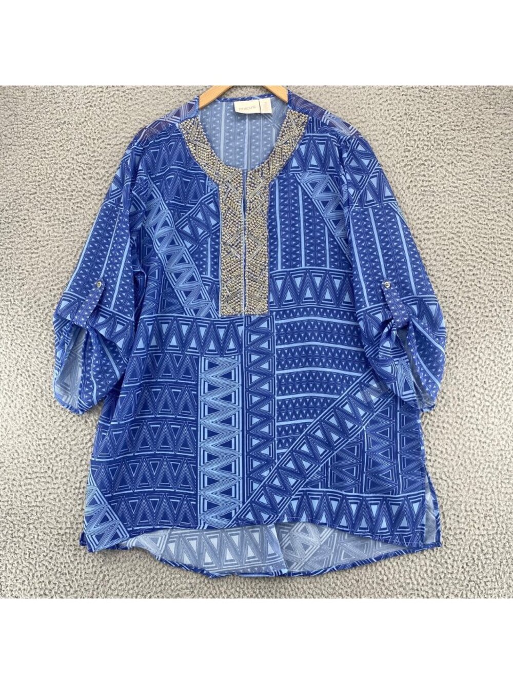 Chicos Top Womens 3 US Extra Large Blue Tribal Beaded V Neck Roll Tab Sleeves